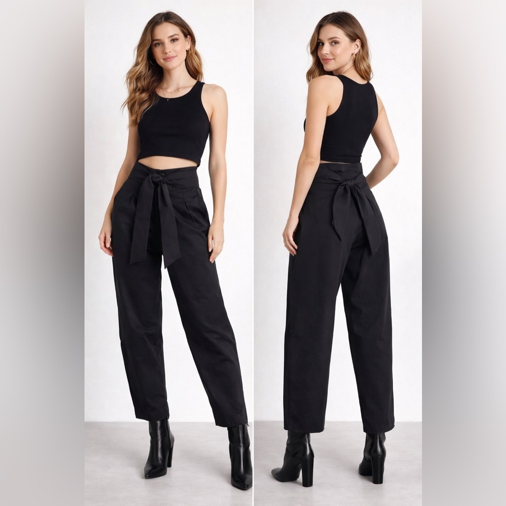 LPA Black High Rise Tie Waist Pants – Minimal Chic Wide Leg Trousers. Small